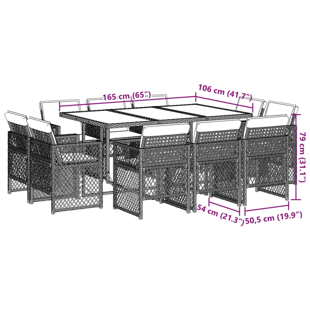 11-tlg. Garten-Essgruppe mit Kissen Schwarz Poly Rattan