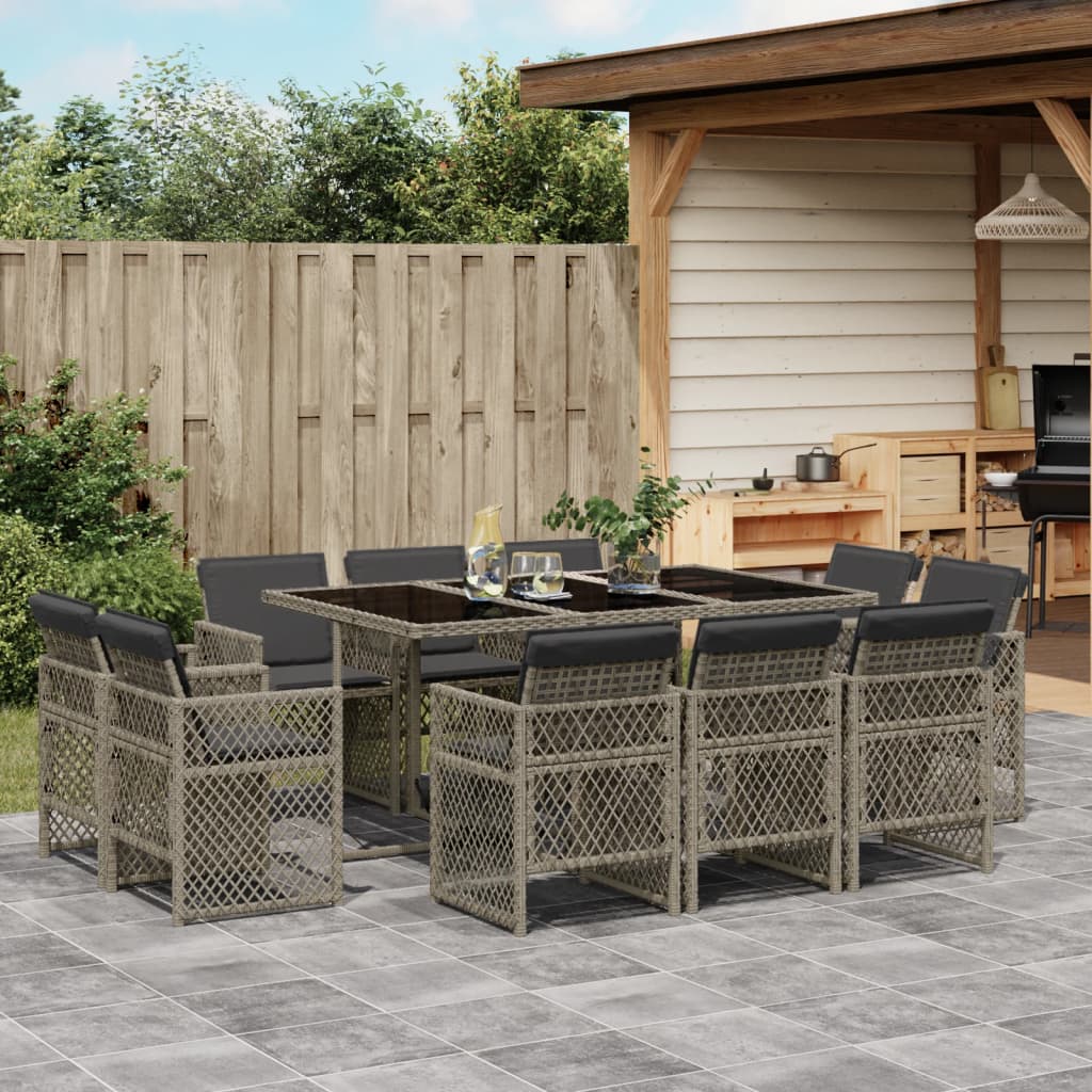 11-tlg. Garten-Essgruppe mit Kissen Grau Poly Rattan