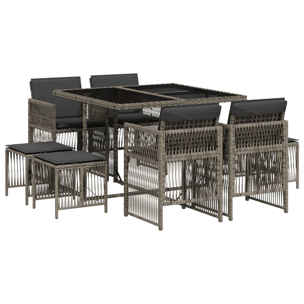 9-tlg. Garten-Essgruppe mit Kissen Grau Poly Rattan