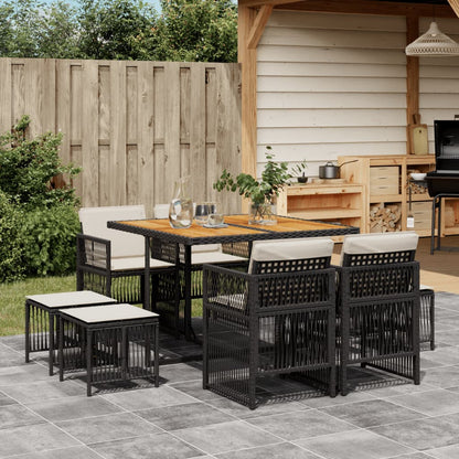 9-tlg. Garten-Essgruppe mit Kissen Schwarz Poly Rattan