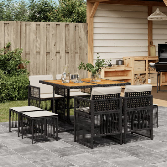 9-tlg. Garten-Essgruppe mit Kissen Schwarz Poly Rattan