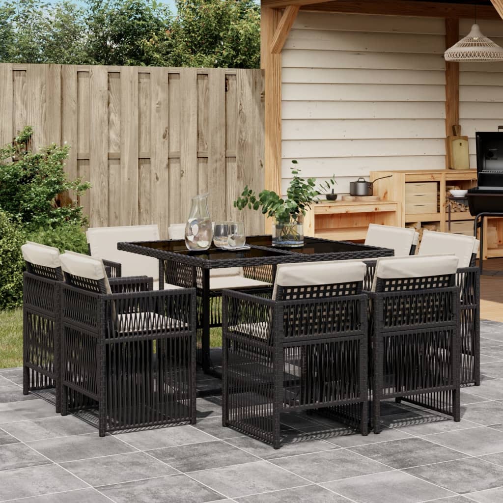9-tlg. Garten-Essgruppe mit Kissen Schwarz Poly Rattan
