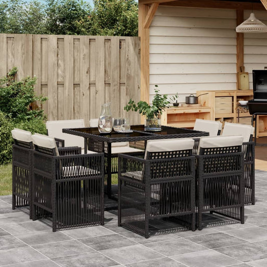 9-tlg. Garten-Essgruppe mit Kissen Schwarz Poly Rattan
