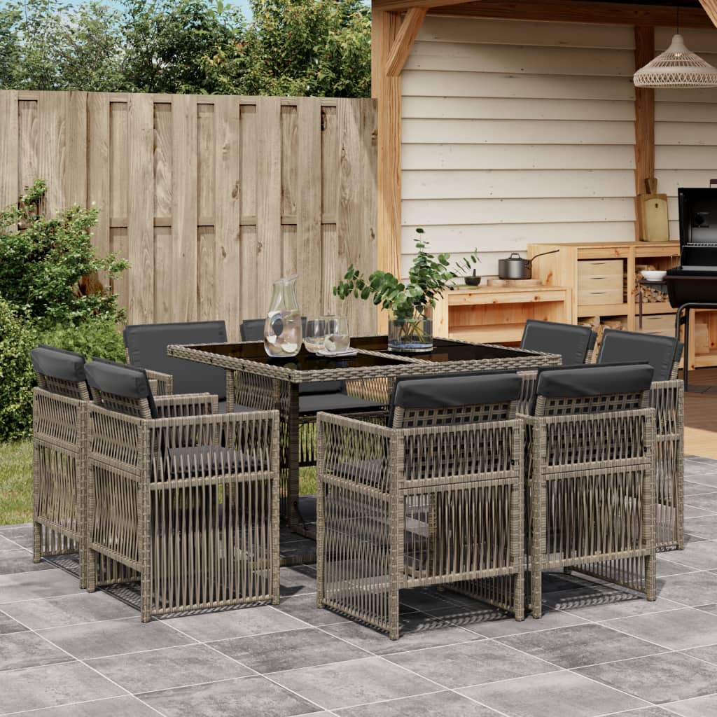 9-tlg. Garten-Essgruppe mit Kissen Grau Poly Rattan