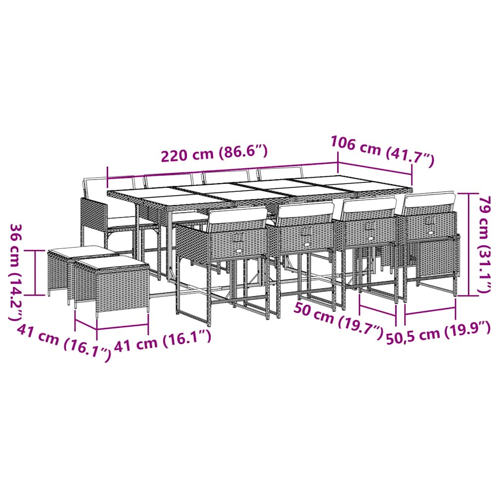 13-tlg. Garten-Essgruppe mit Kissen Hellgrau Poly Rattan
