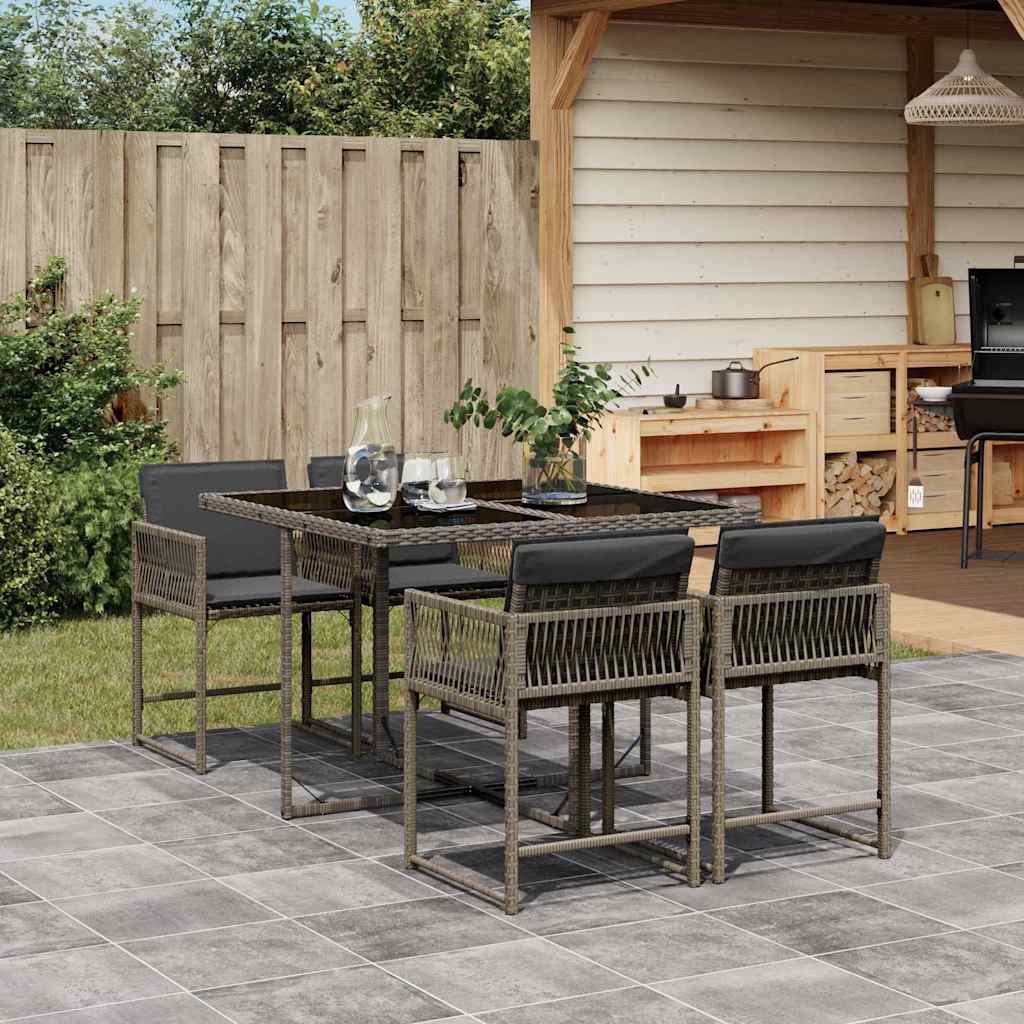 5-tlg. Garten-Essgruppe mit Kissen Grau Poly Rattan