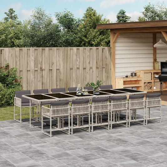 13-tlg. Garten-Essgruppe mit Kissen Hellgrau Poly Rattan