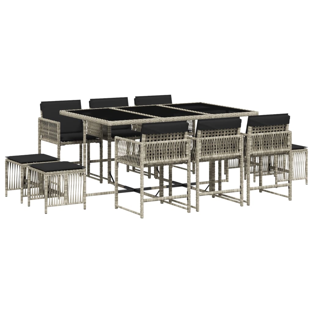 11-tlg. Garten-Essgruppe mit Kissen Hellgrau Poly Rattan