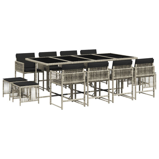 13-tlg. Garten-Essgruppe mit Kissen Hellgrau Poly Rattan