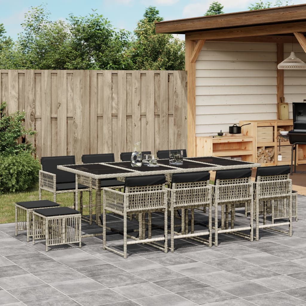 13-tlg. Garten-Essgruppe mit Kissen Hellgrau Poly Rattan