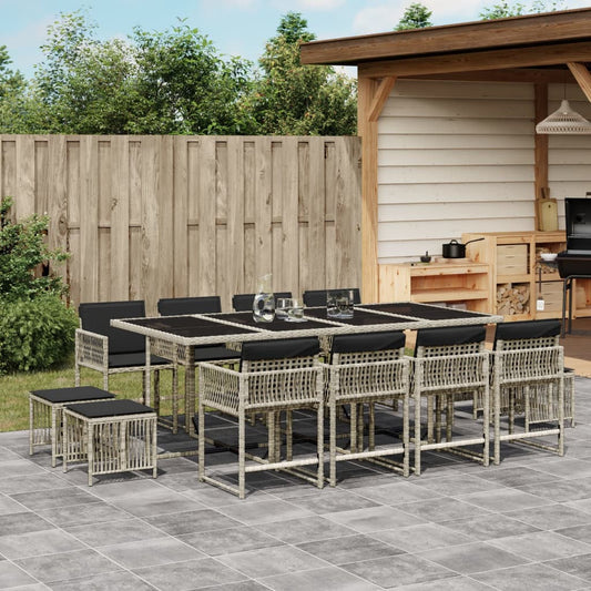 13-tlg. Garten-Essgruppe mit Kissen Hellgrau Poly Rattan