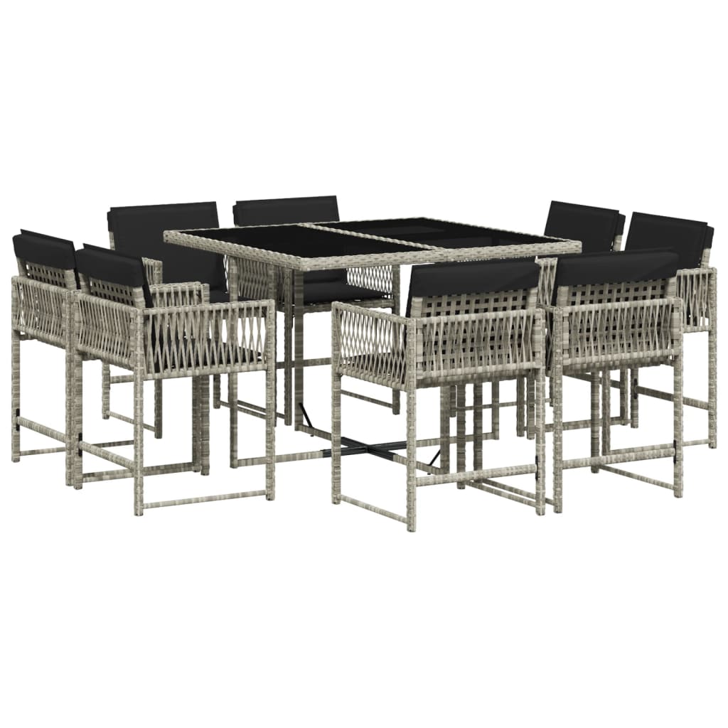 9-tlg. Garten-Essgruppe mit Kissen Hellgrau Poly Rattan