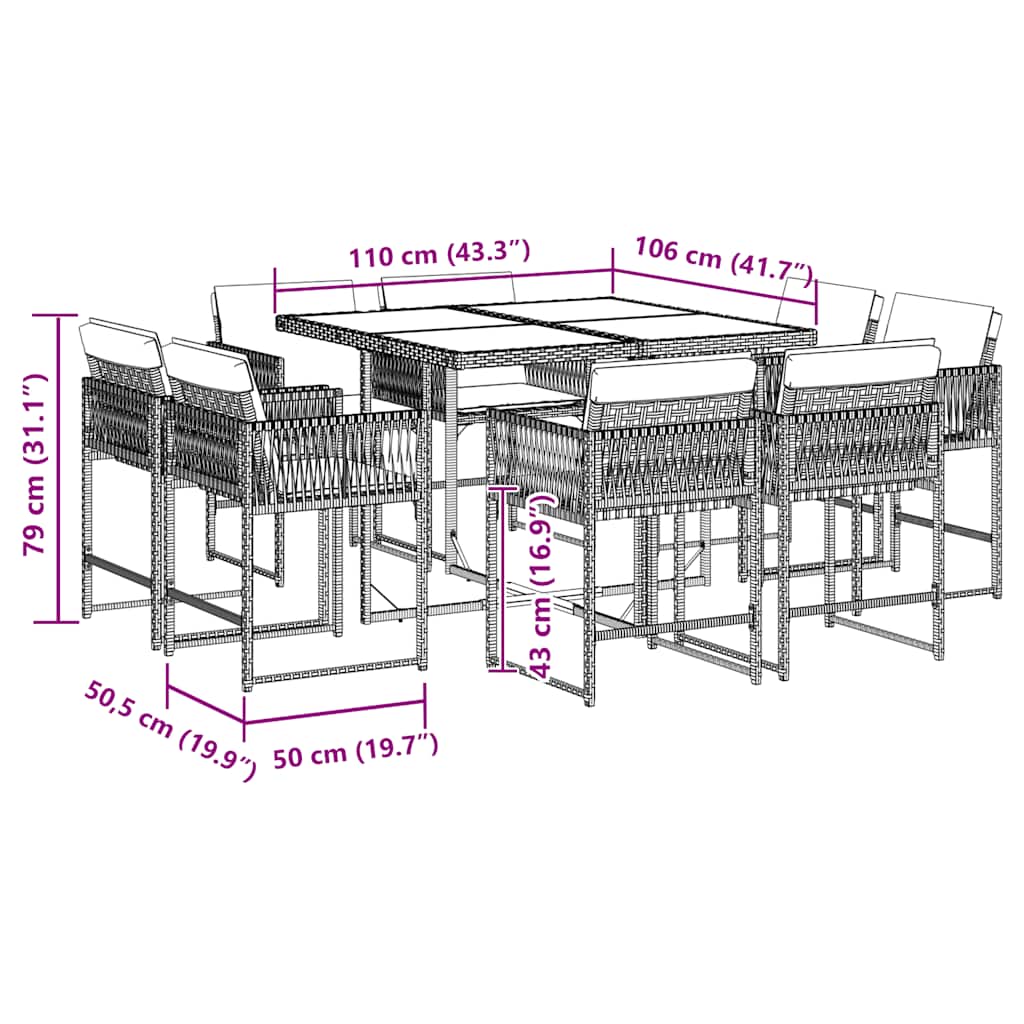 9-tlg. Garten-Essgruppe mit Kissen Schwarz Poly Rattan