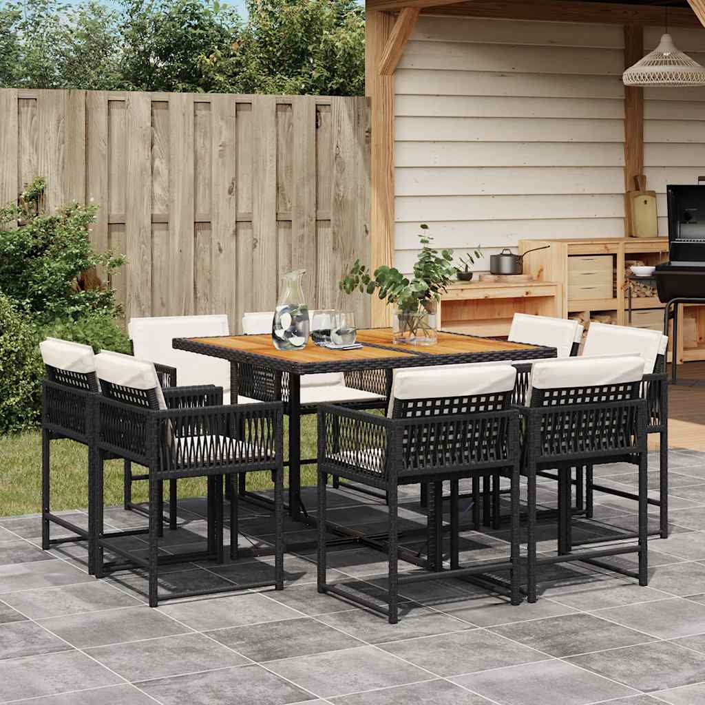9-tlg. Garten-Essgruppe mit Kissen Schwarz Poly Rattan