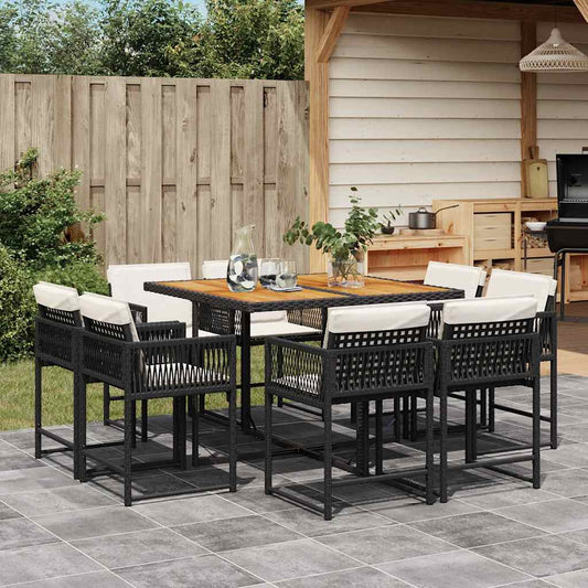 9-tlg. Garten-Essgruppe mit Kissen Schwarz Poly Rattan