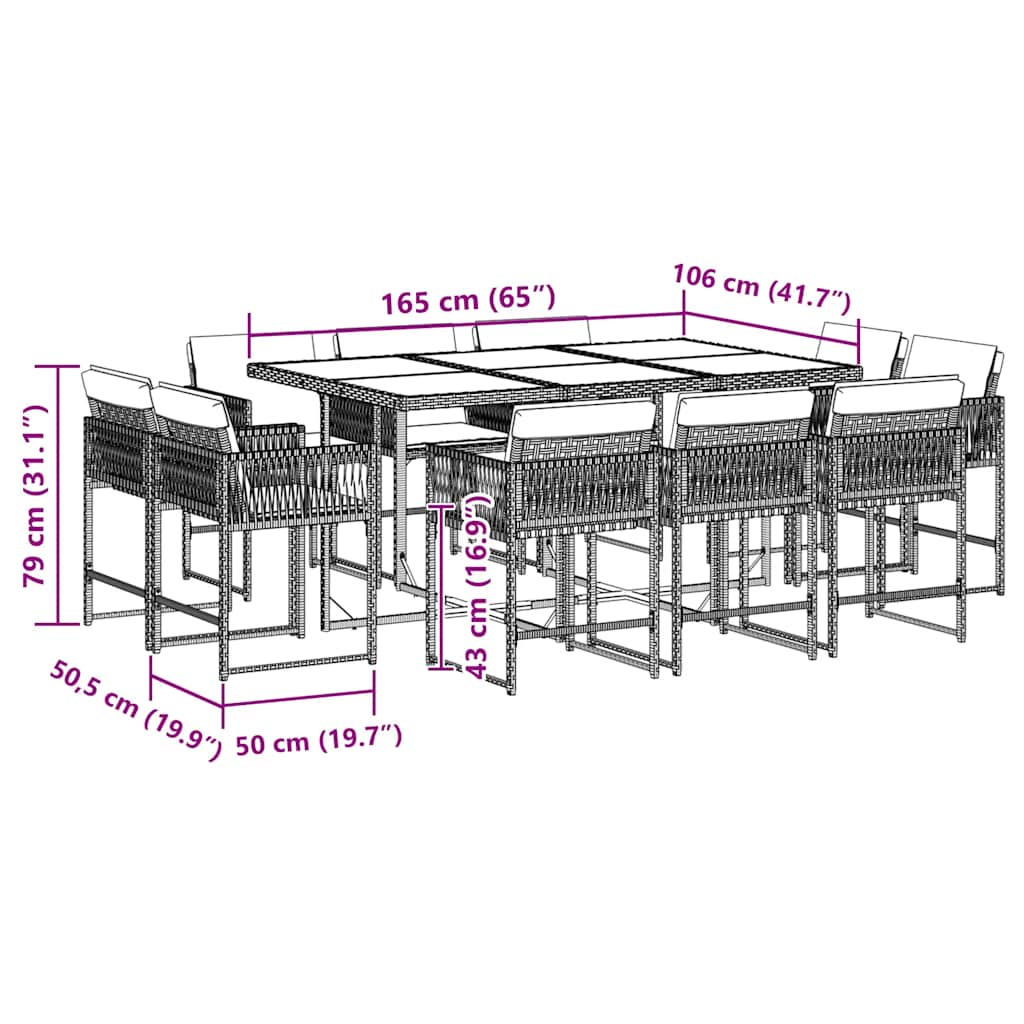 11-tlg. Garten-Essgruppe mit Kissen Schwarz Poly Rattan