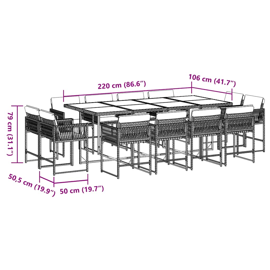 13-tlg. Garten-Essgruppe mit Kissen Grau Poly Rattan