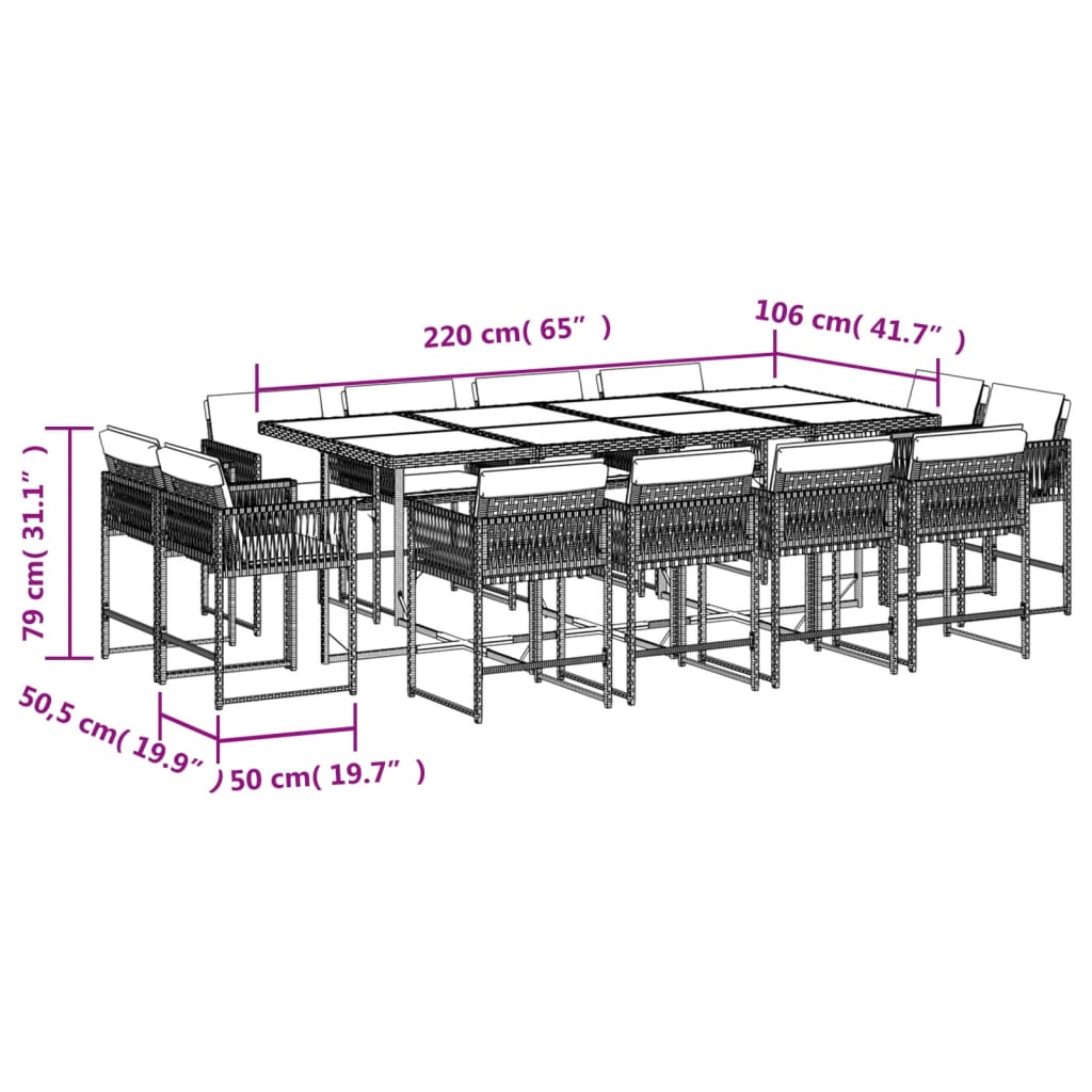 13-tlg. Garten-Essgruppe mit Kissen Hellgrau Poly Rattan