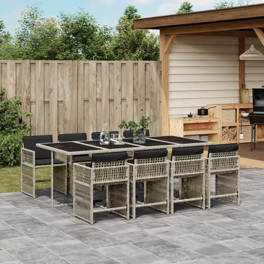 9-tlg. Garten-Essgruppe mit Kissen Hellgrau Poly Rattan