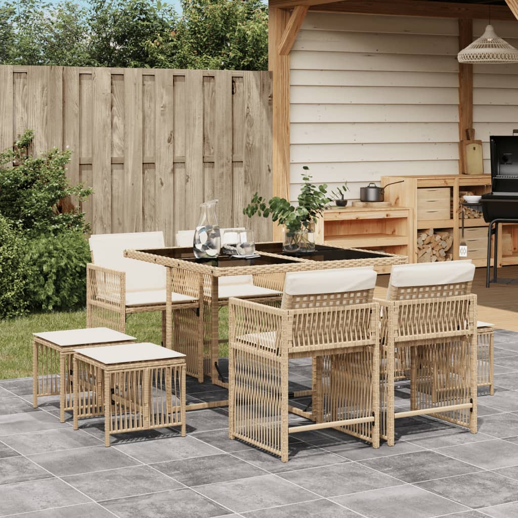 9-tlg. Garten-Essgruppe mit Kissen Beige Poly Rattan