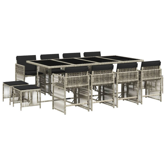 13-tlg. Garten-Essgruppe mit Kissen Hellgrau Poly Rattan