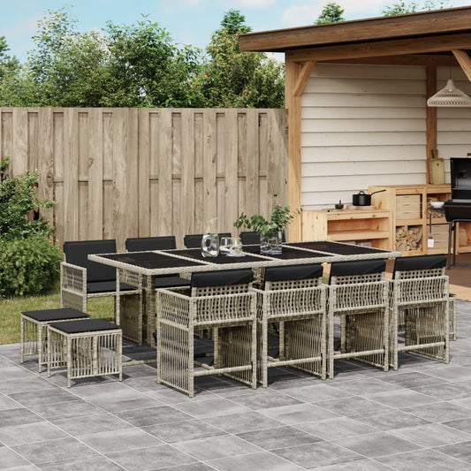 13-tlg. Garten-Essgruppe mit Kissen Hellgrau Poly Rattan