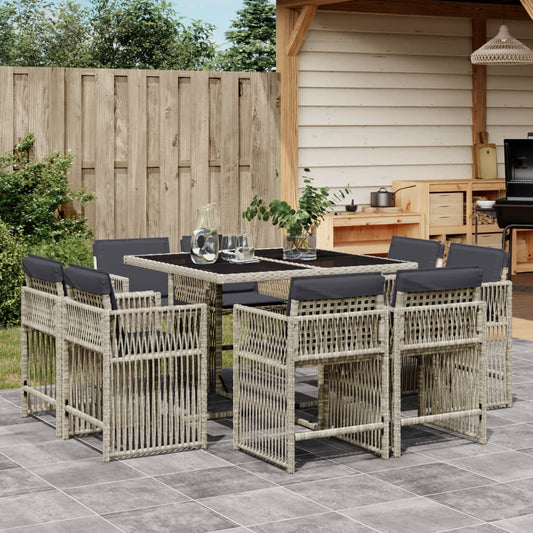 9-tlg. Garten-Essgruppe mit Kissen Hellgrau Poly Rattan