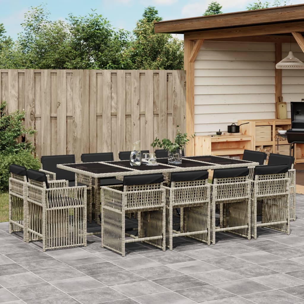 13-tlg. Garten-Essgruppe mit Kissen Hellgrau Poly Rattan