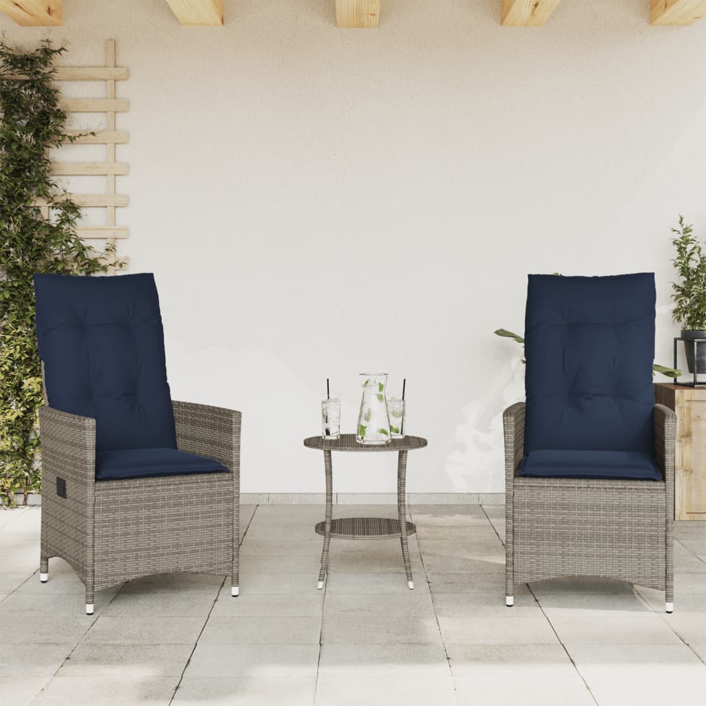 3-teiliges Bistro-Set mit Kissen Grau Poly Rattan