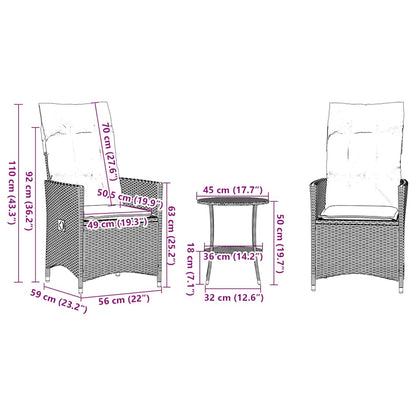 3-teiliges Bistro-Set mit Kissen Grau Poly Rattan