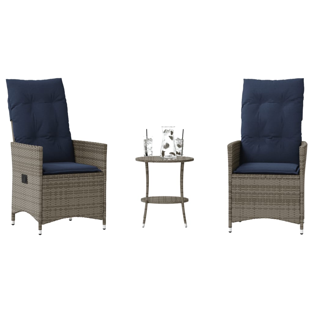 3-teiliges Bistro-Set mit Kissen Grau Poly Rattan