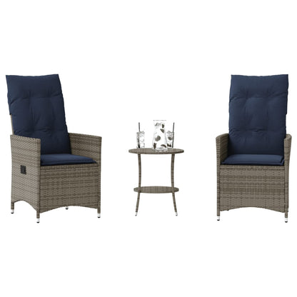 3-teiliges Bistro-Set mit Kissen Grau Poly Rattan
