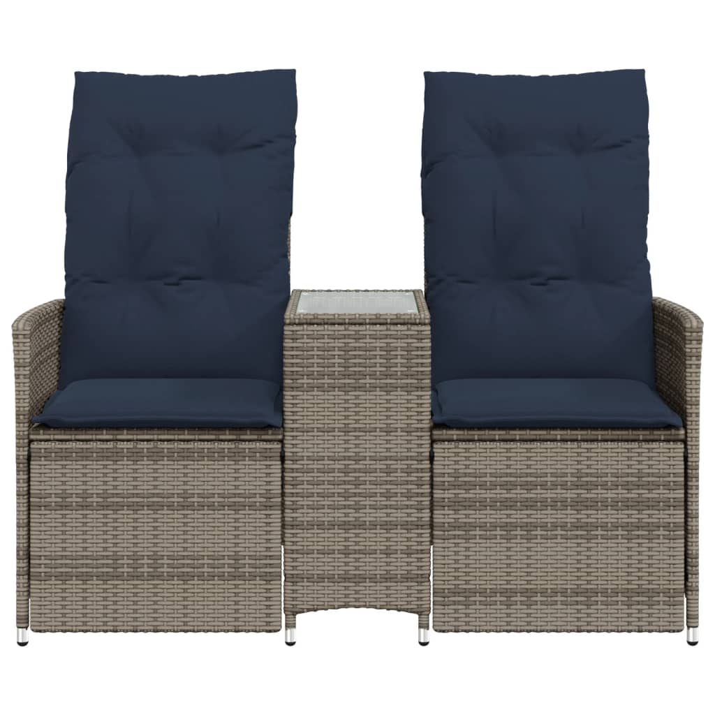 Gartensofa Verstellbar 2-Sitzer mit Tisch Grau Poly Rattan