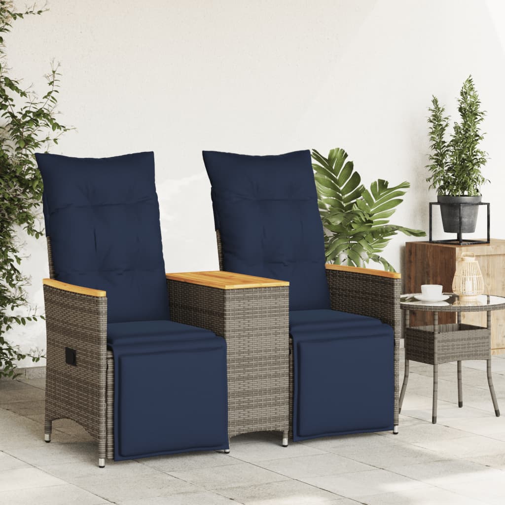 Gartensofa Verstellbar 2-Sitzer mit Tisch Grau Poly Rattan