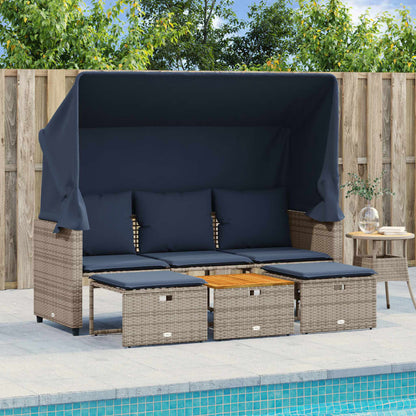Gartensofa 3-Sitzer mit Baldachin und Hockern Grau Poly Rattan