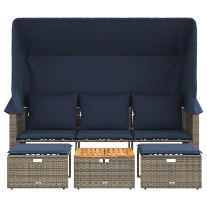 Gartensofa 3-Sitzer mit Baldachin und Hockern Grau Poly Rattan
