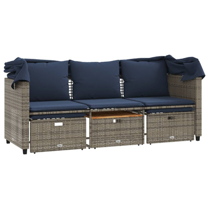 Gartensofa 3-Sitzer mit Baldachin und Hockern Grau Poly Rattan
