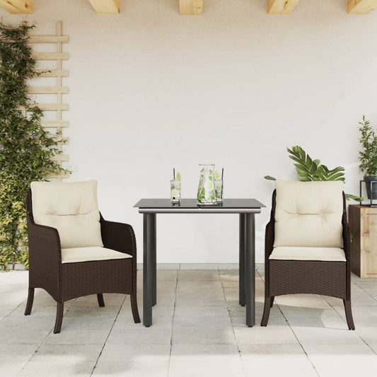 3-tlg. Garten-Essgruppe mit Kissen Braun Poly Rattan