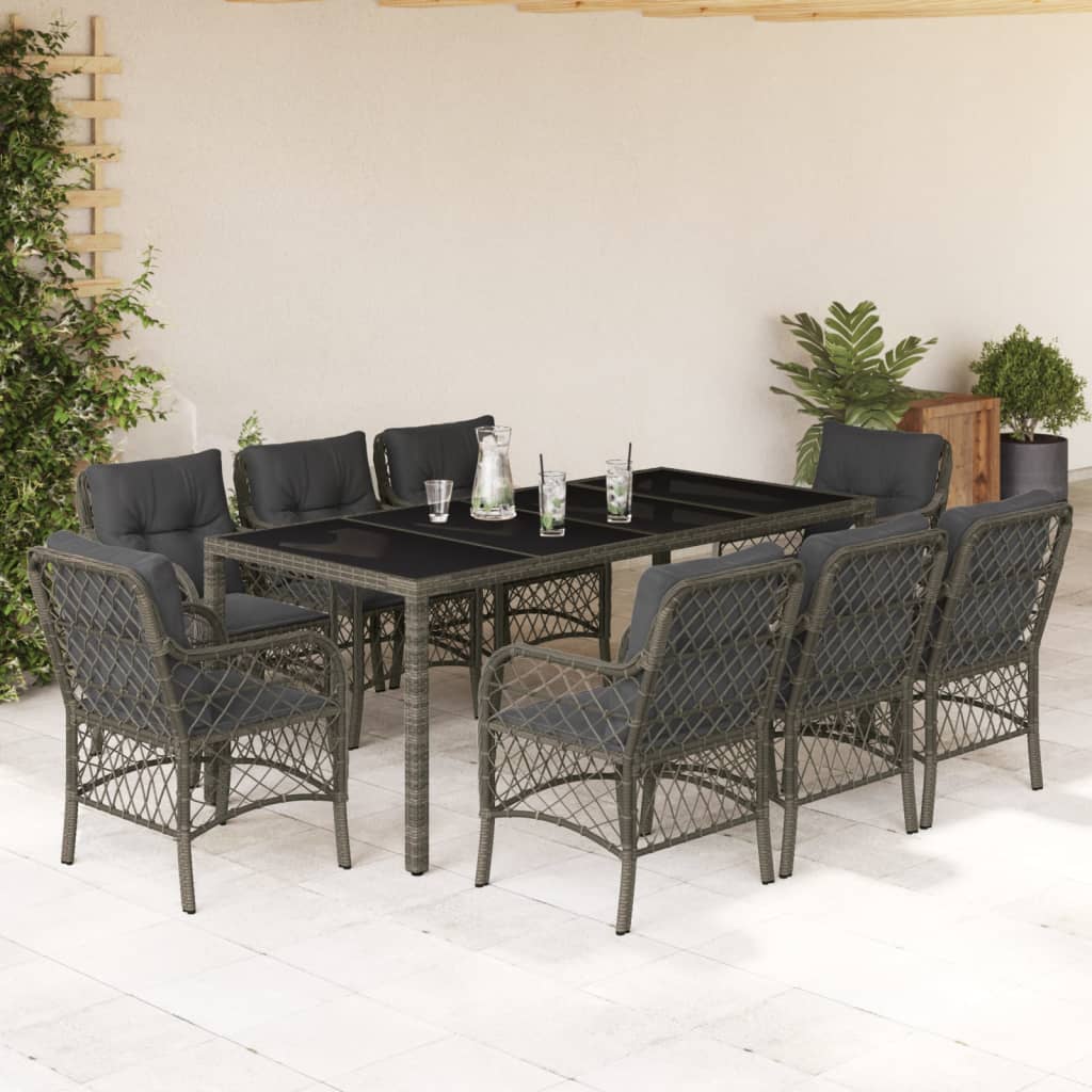 9-tlg. Garten-Essgruppe mit Kissen Grau Poly Rattan
