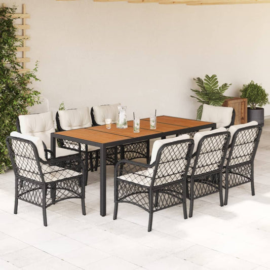 9-tlg. Garten-Essgruppe mit Kissen Schwarz Poly Rattan