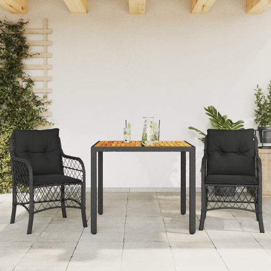 3-tlg. Bistro-Set mit Kissen Schwarz Poly Rattan