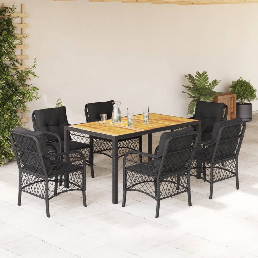 7-tlg. Garten-Essgruppe mit Kissen Schwarz Poly Rattan