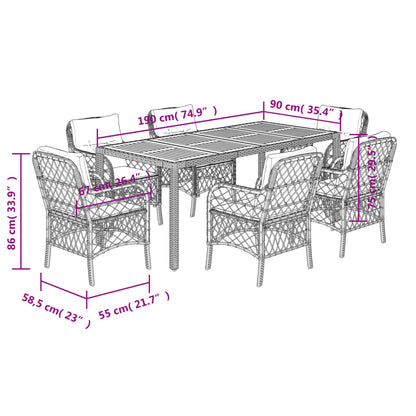 7-tlg. Garten-Essgruppe mit Kissen Schwarz Poly Rattan