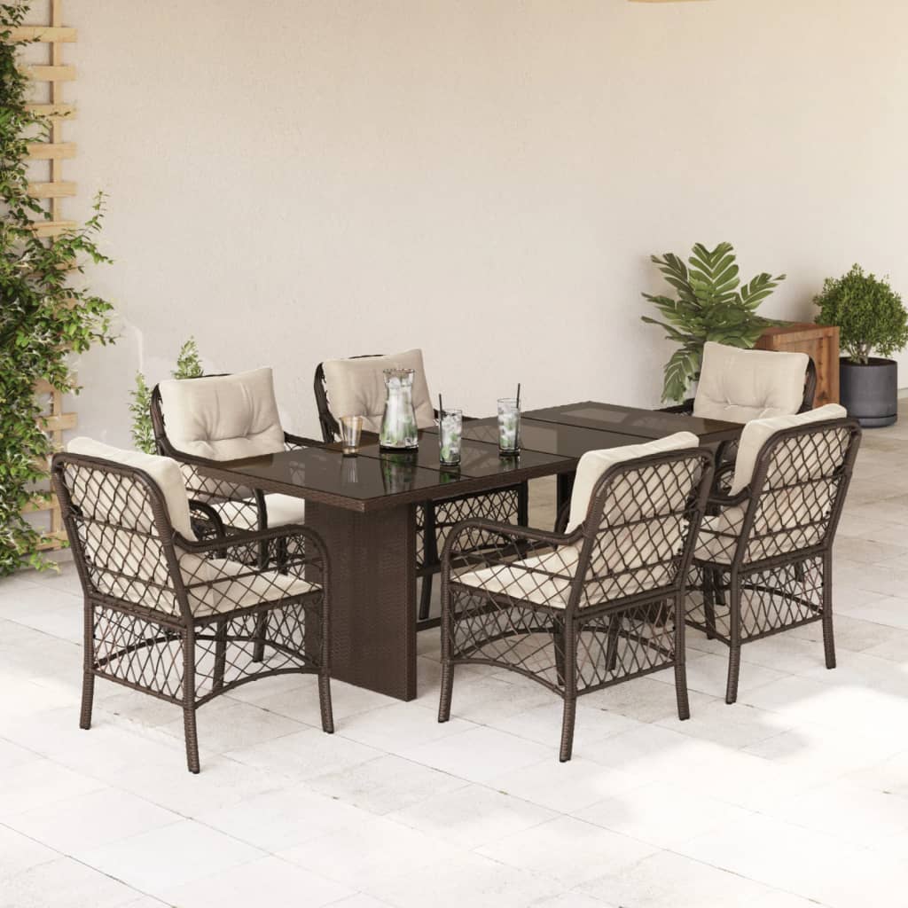 7-tlg. Garten-Essgruppe mit Kissen Braun Poly Rattan