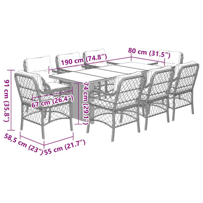 9-tlg. Garten-Essgruppe mit Kissen Hellgrau Poly Rattan