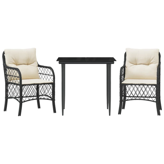 3-tlg. Bistro-Set mit Kissen Schwarz Poly Rattan
