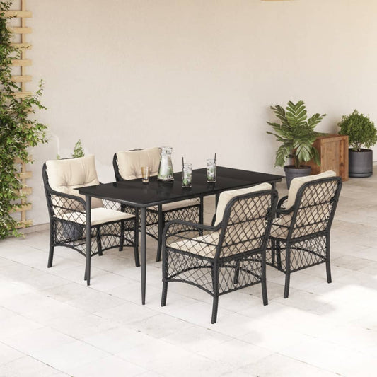 5-tlg. Garten-Essgruppe mit Kissen Schwarz Poly Rattan