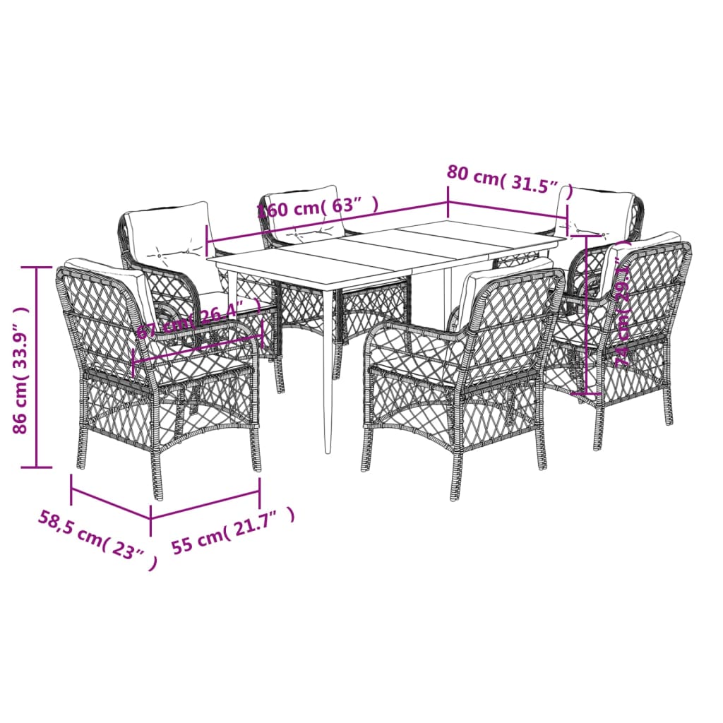 7-tlg. Garten-Essgruppe mit Kissen Schwarz Poly Rattan