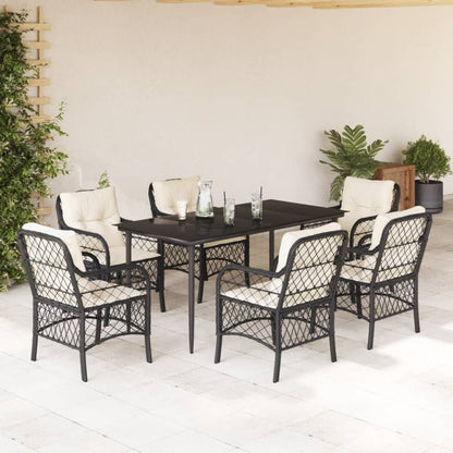 7-tlg. Garten-Essgruppe mit Kissen Schwarz Poly Rattan