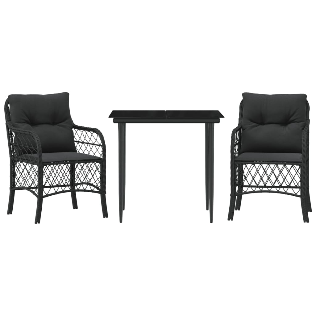 3-tlg. Bistro-Set mit Kissen Schwarz Poly Rattan